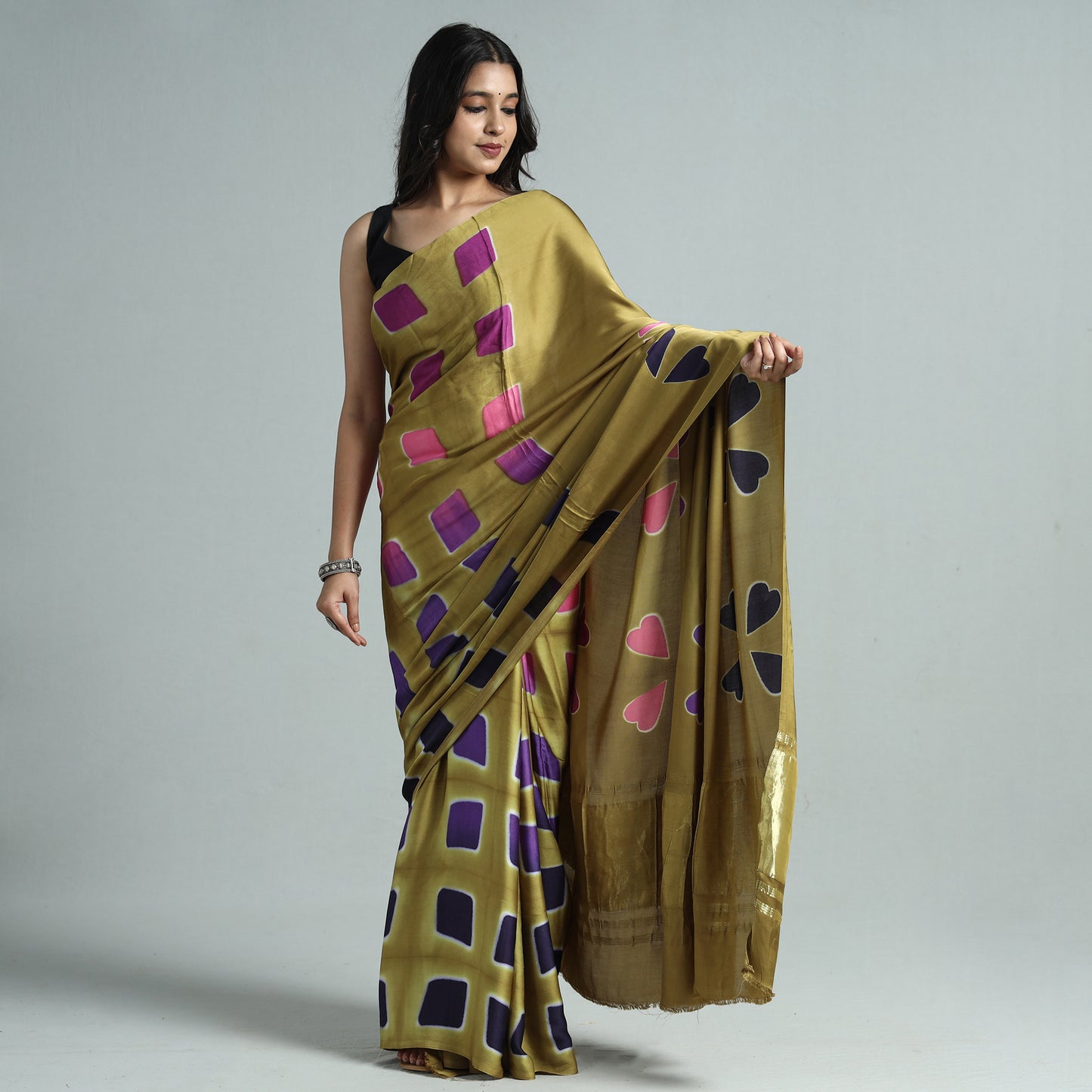 Yellow -  Shibori Clamp Dyed Modal Silk Saree with Zari Border 06