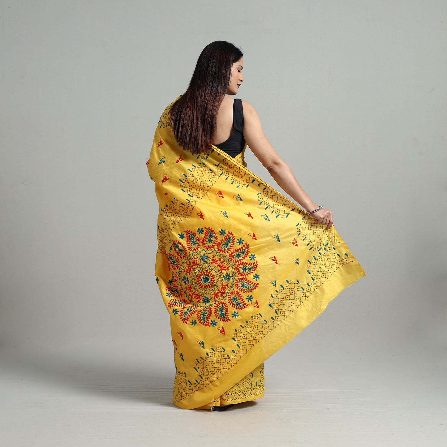 Yellow - Handcrafted Bengal Nakshi Kantha Work Silk Saree 10