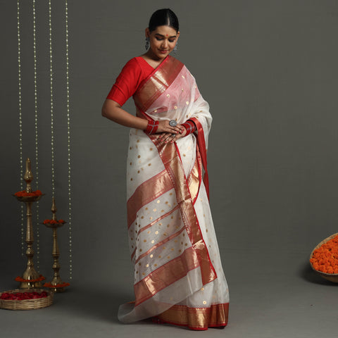 White - Traditional Chanderi Silk Handloom Zari Buti Saree with Zari Border