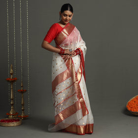 White - Traditional Chanderi Silk Handloom Zari Buti Saree with Zari Border