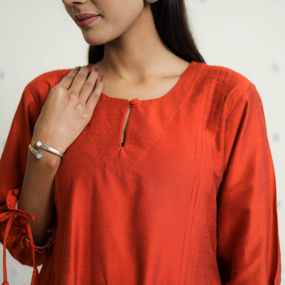 Sunny Dark Orange Slub Silk Plain Dress