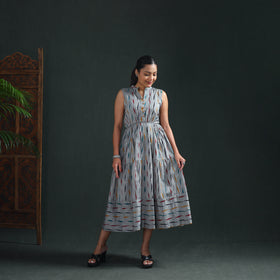 Pochampally Ikat Cotton Sleeveless Tiered Long Dress for Women 07