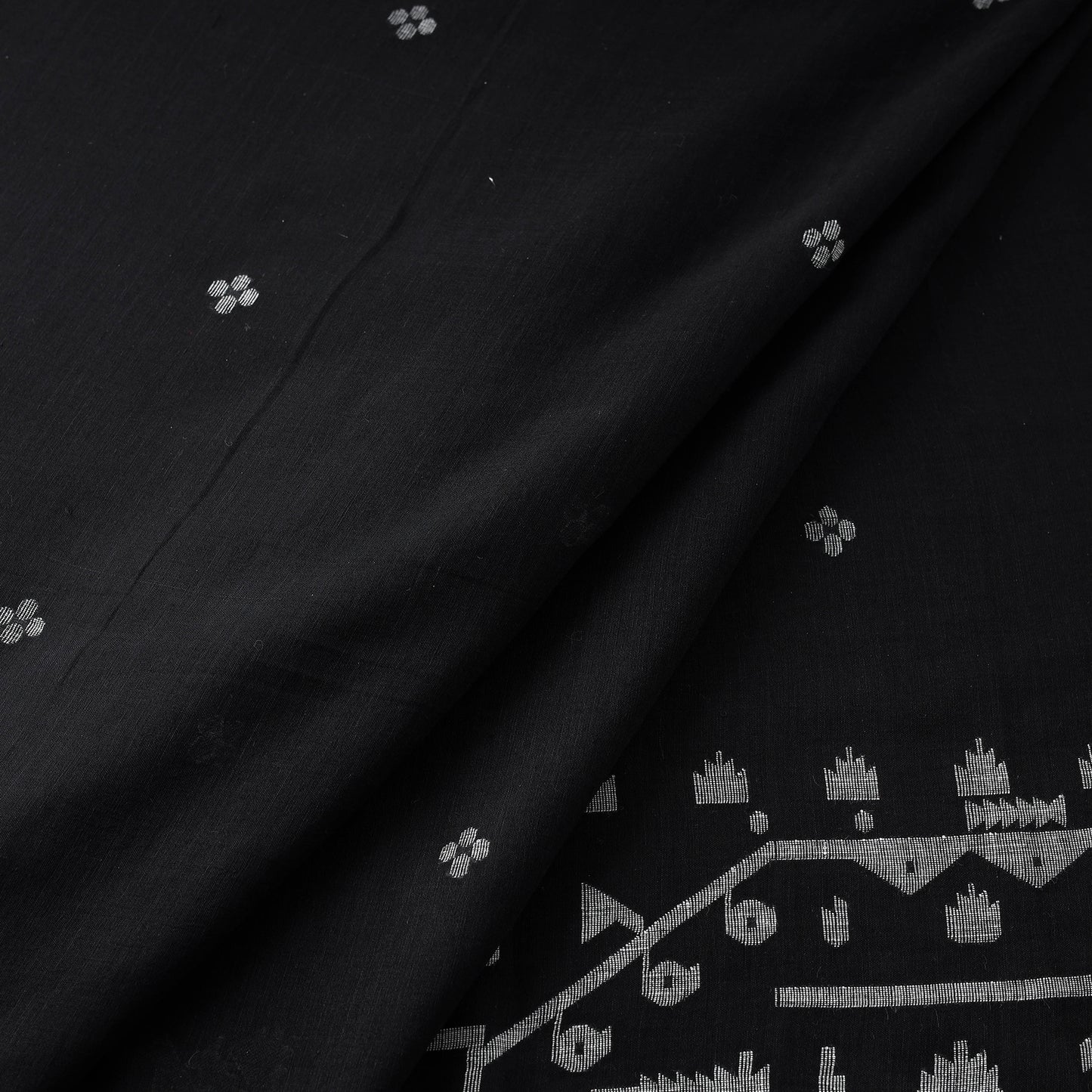 Black - Pure Handloom Cotton Bengal Jamdani Fabric 14