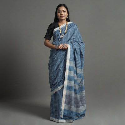 Blue - Pure Handloom Natural Dyed Checks Cotton Saree 17