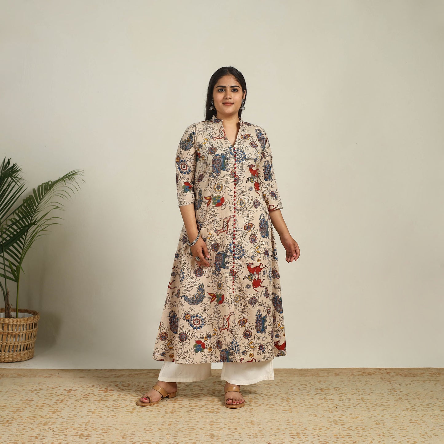 Beige - Printed Cotton A-Line Kalamkari Kurta 05