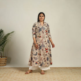 Beige - Printed Cotton A-Line Kalamkari Kurta 05