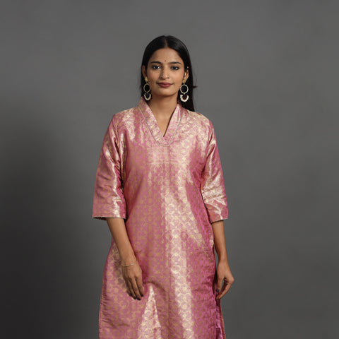 Pink - Cutwork Tissue Zari Jaal Banarasi Silk Kurta 09