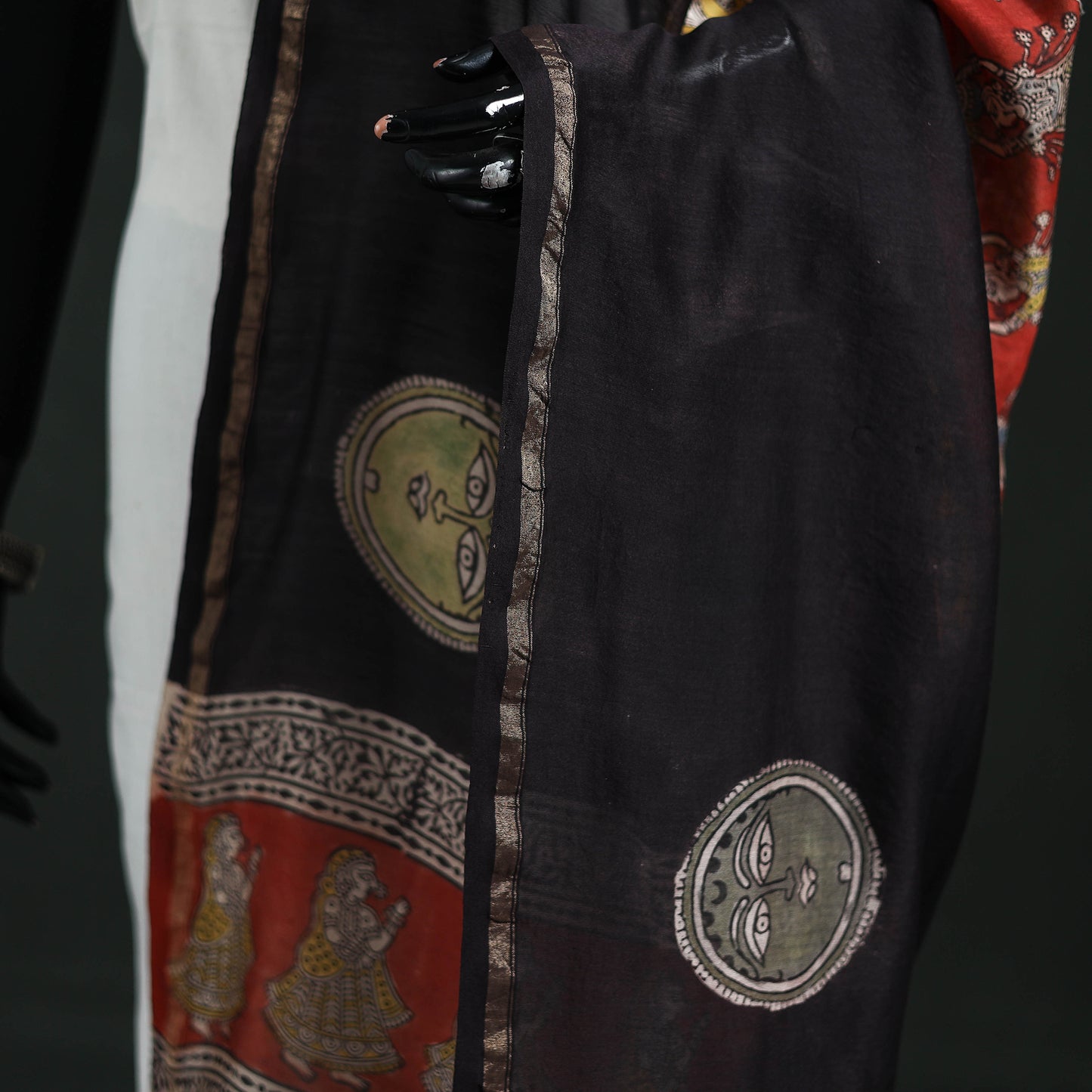 Black - Mata Ni Pachedi Handpainted Natural Dyed Chanderi Silk Handloom Dupatta 19
