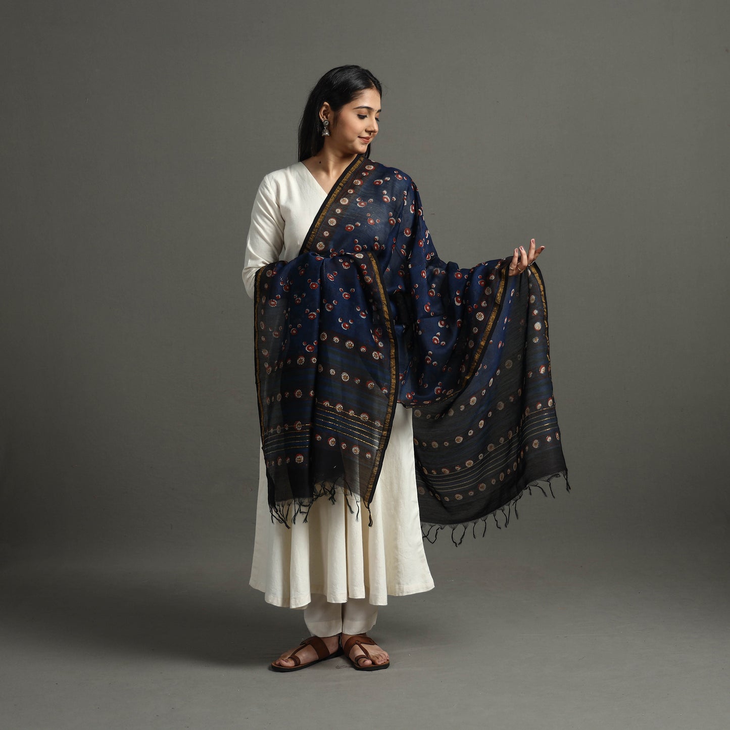 Blue - Block Printed Chanderi Silk Bagru Dupatta 91