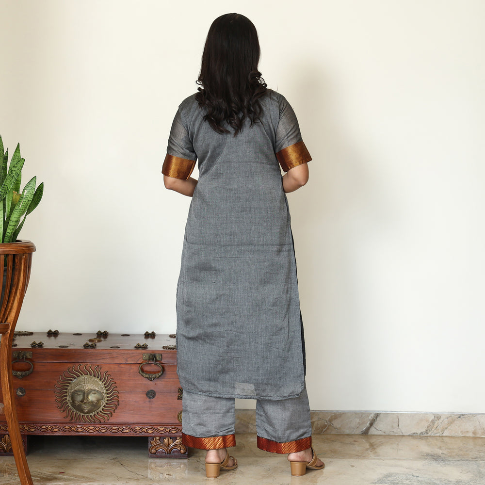 Grey - Dharwad Cotton Kurta with Palazzo & Dupatta Set 05