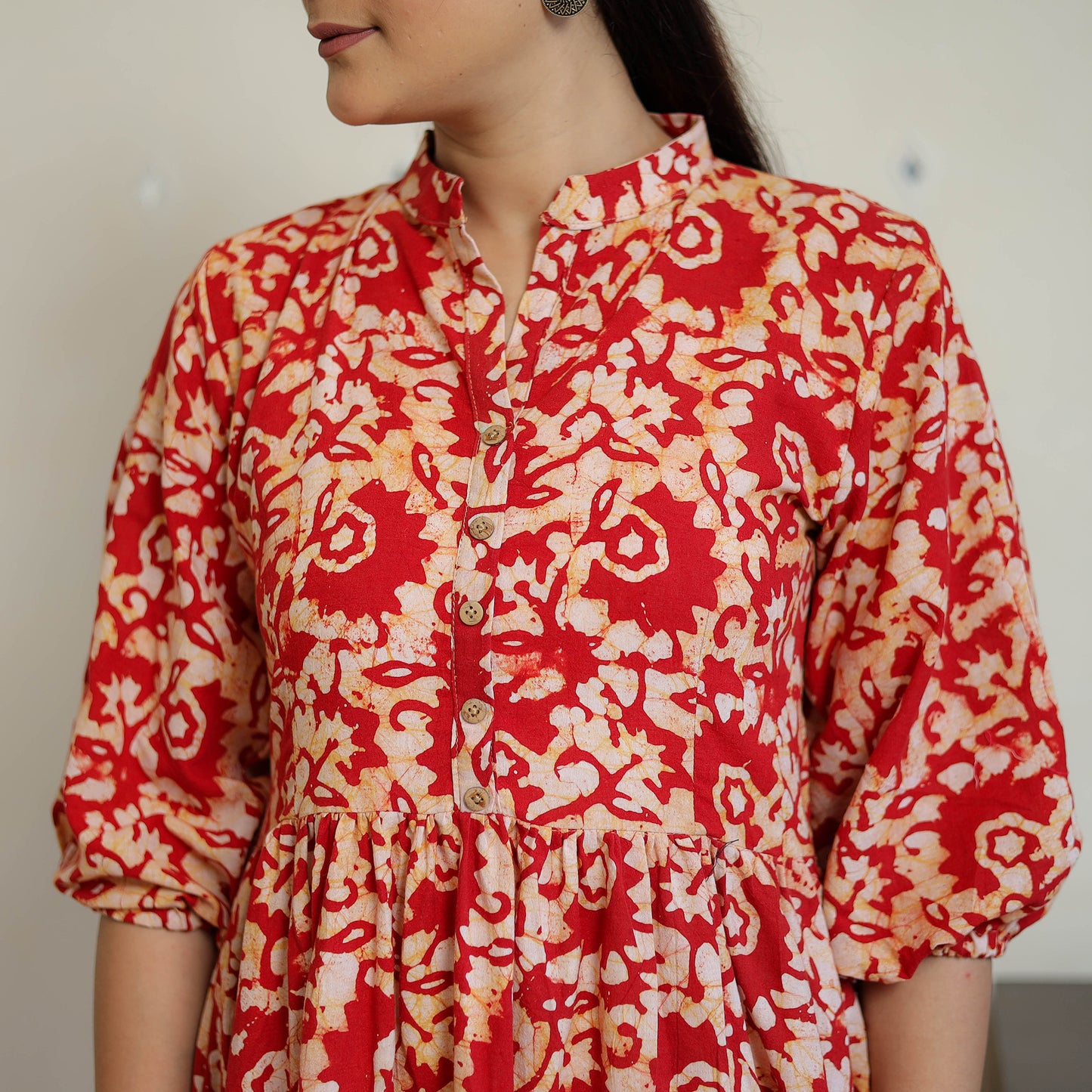 Red - Pure Cotton Tiered Batik Print Dress 09