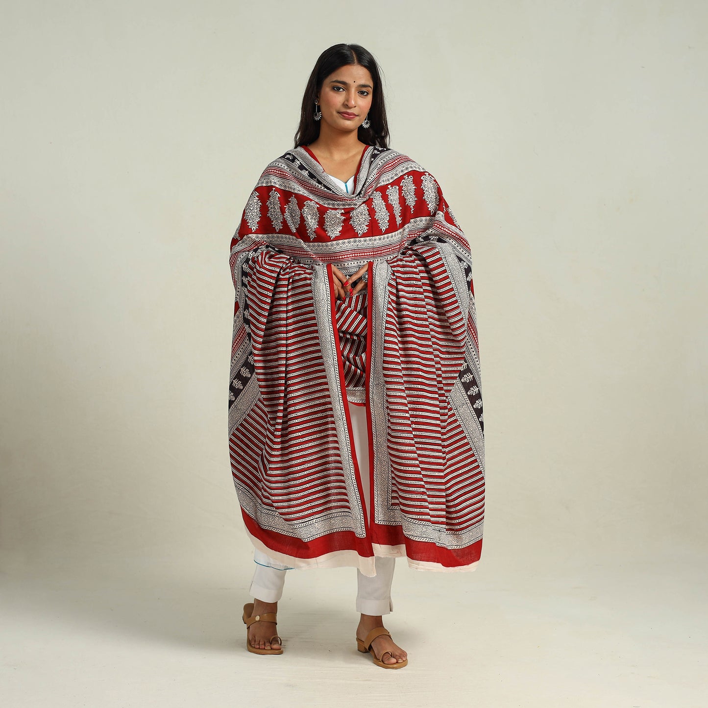 Red - Hand Block Print Cotton Bagh Dupatta 20