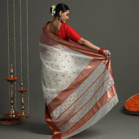 White - Traditional Chanderi Silk Handloom Zari Buti Saree with Zari Border