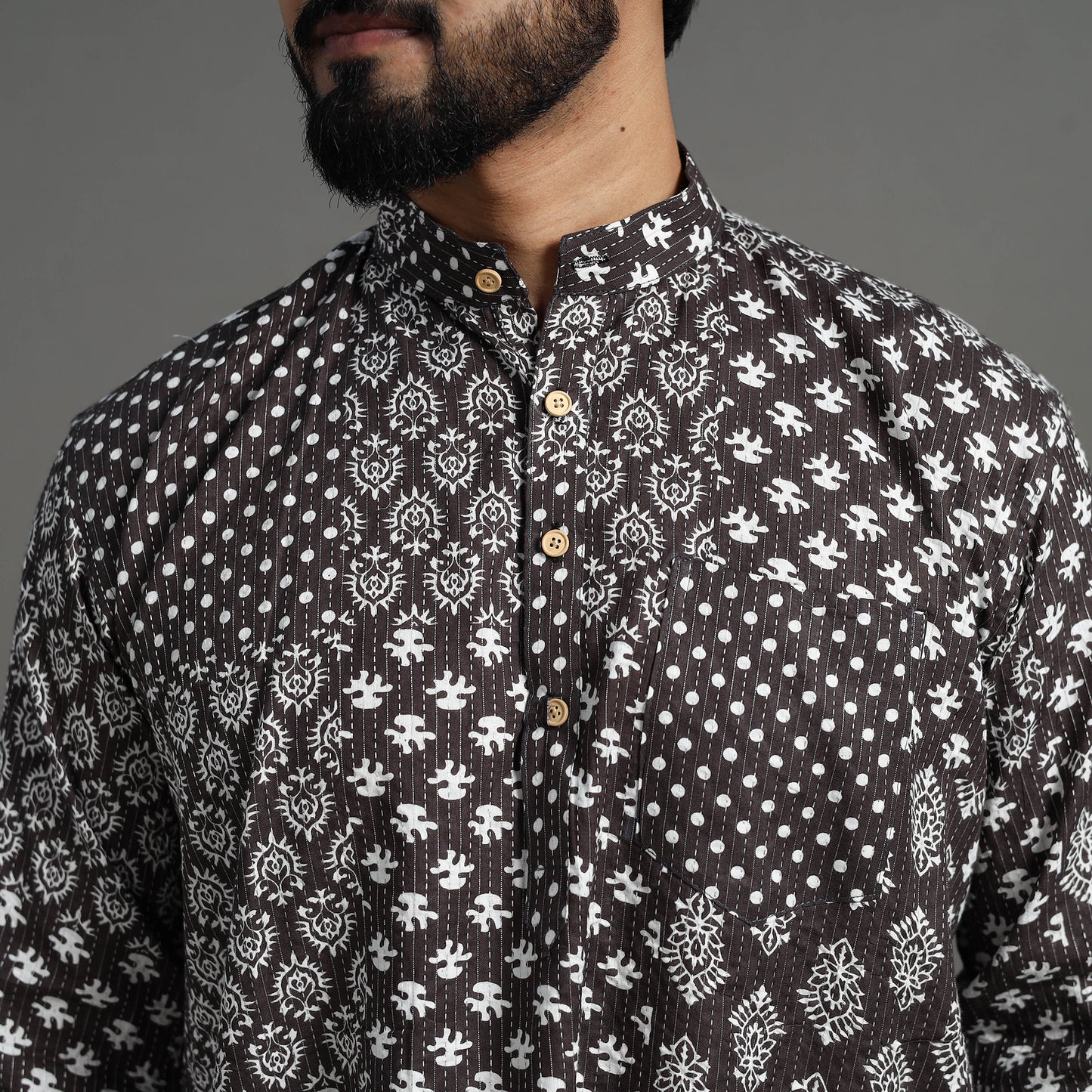 Kantha Stitch Cotton Short Sanganeri Kurta for Men 11