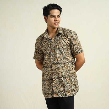Brown - Kalamkari Block Printed Cotton Men Half Sleeve Shirt 03