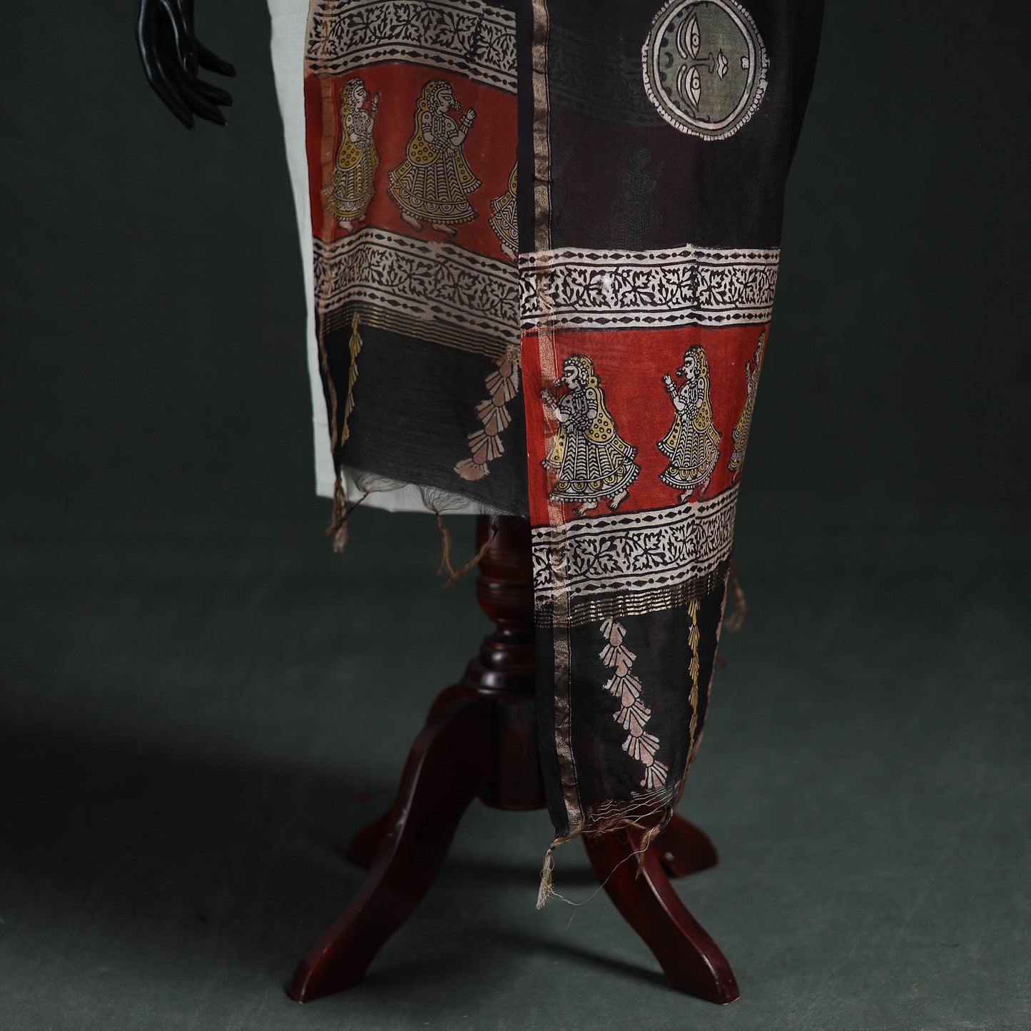 Black - Mata Ni Pachedi Handpainted Natural Dyed Chanderi Silk Handloom Dupatta 19