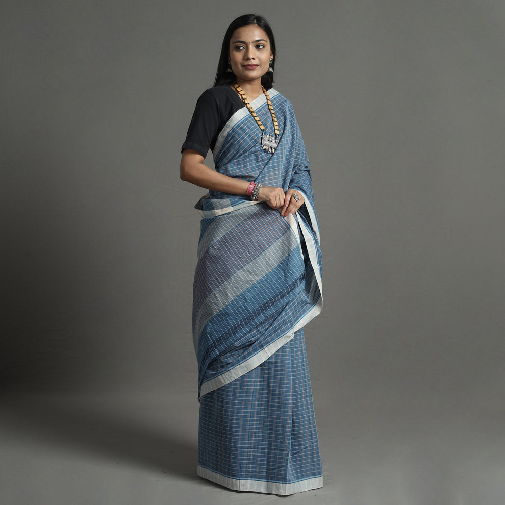 Blue - Pure Handloom Natural Dyed Checks Cotton Saree 17