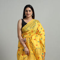 Yellow - Handcrafted Bengal Nakshi Kantha Work Silk Saree 10