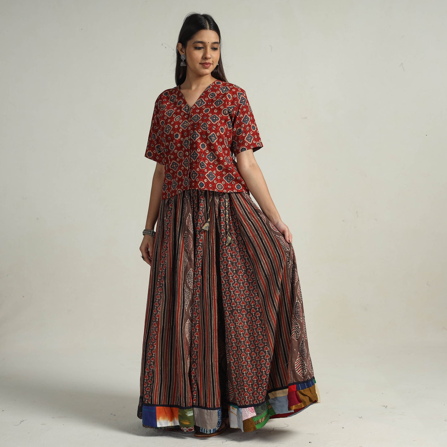 Multicolor - Kutch Block Printed 24 Kali Cotton Long Skirt 19