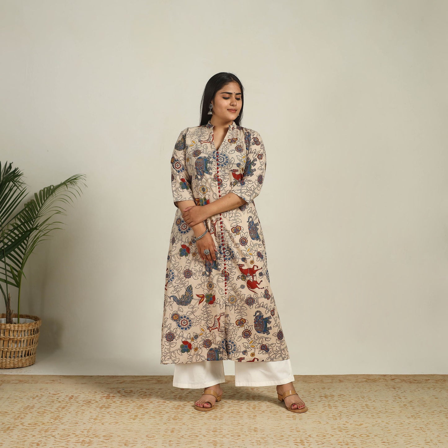 Beige - Printed Cotton A-Line Kalamkari Kurta 05