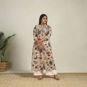 Beige - Printed Cotton A-Line Kalamkari Kurta 05