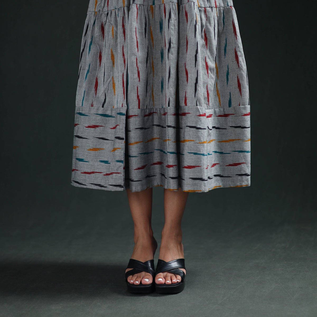 Pochampally Ikat Cotton Sleeveless Tiered Long Dress for Women 07