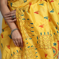 Yellow - Handcrafted Bengal Nakshi Kantha Work Silk Saree 10