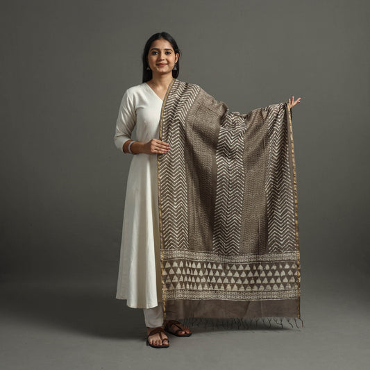 Brown - Block Printed Chanderi Silk Bagru Dupatta 92