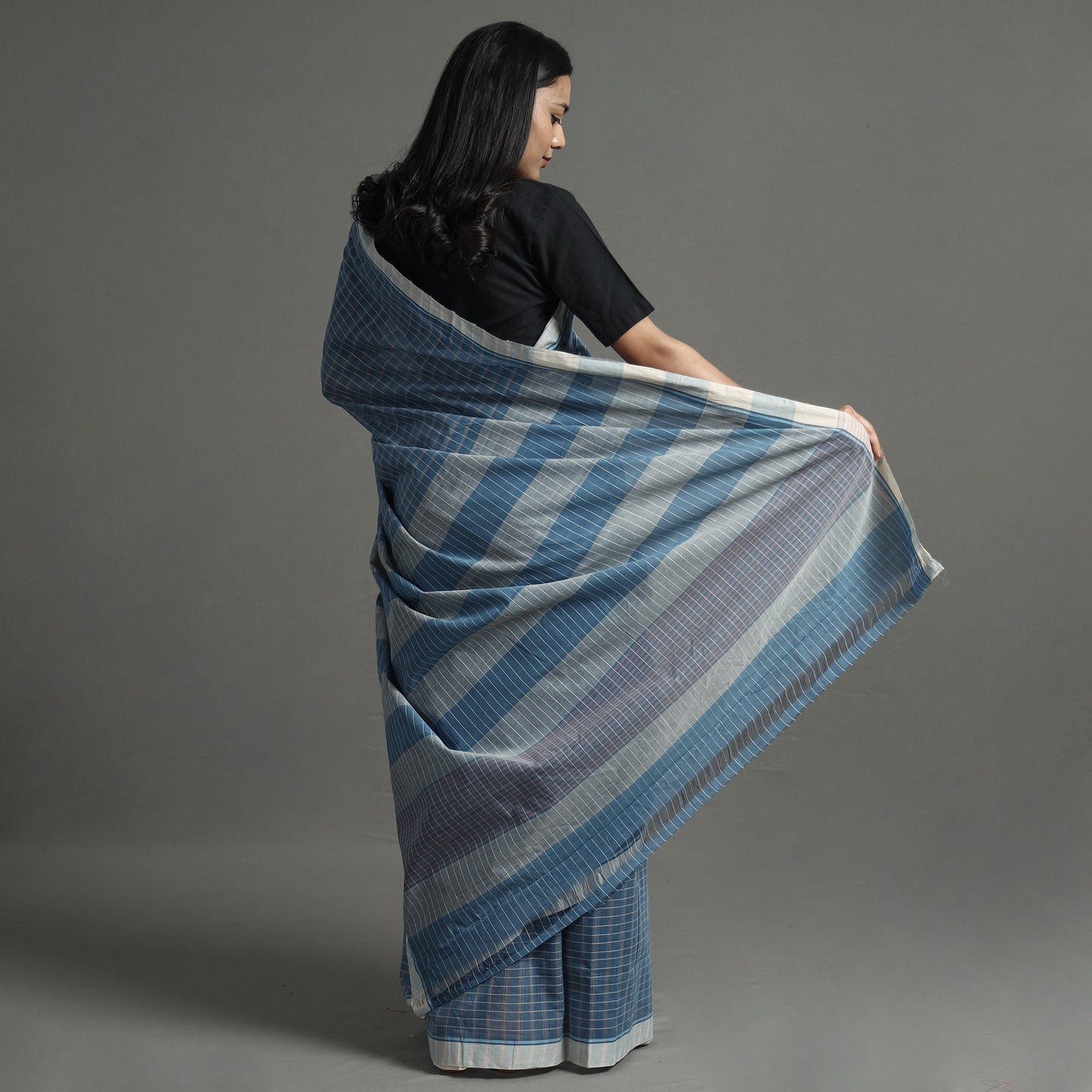 Blue - Pure Handloom Natural Dyed Checks Cotton Saree 17