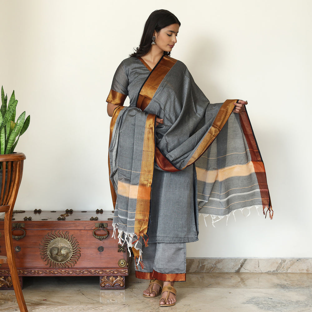 Grey - Dharwad Cotton Kurta with Palazzo & Dupatta Set 05