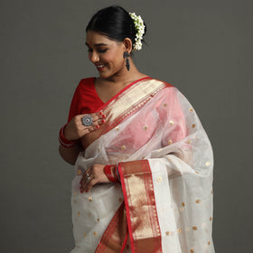 White - Traditional Chanderi Silk Handloom Zari Buti Saree with Zari Border