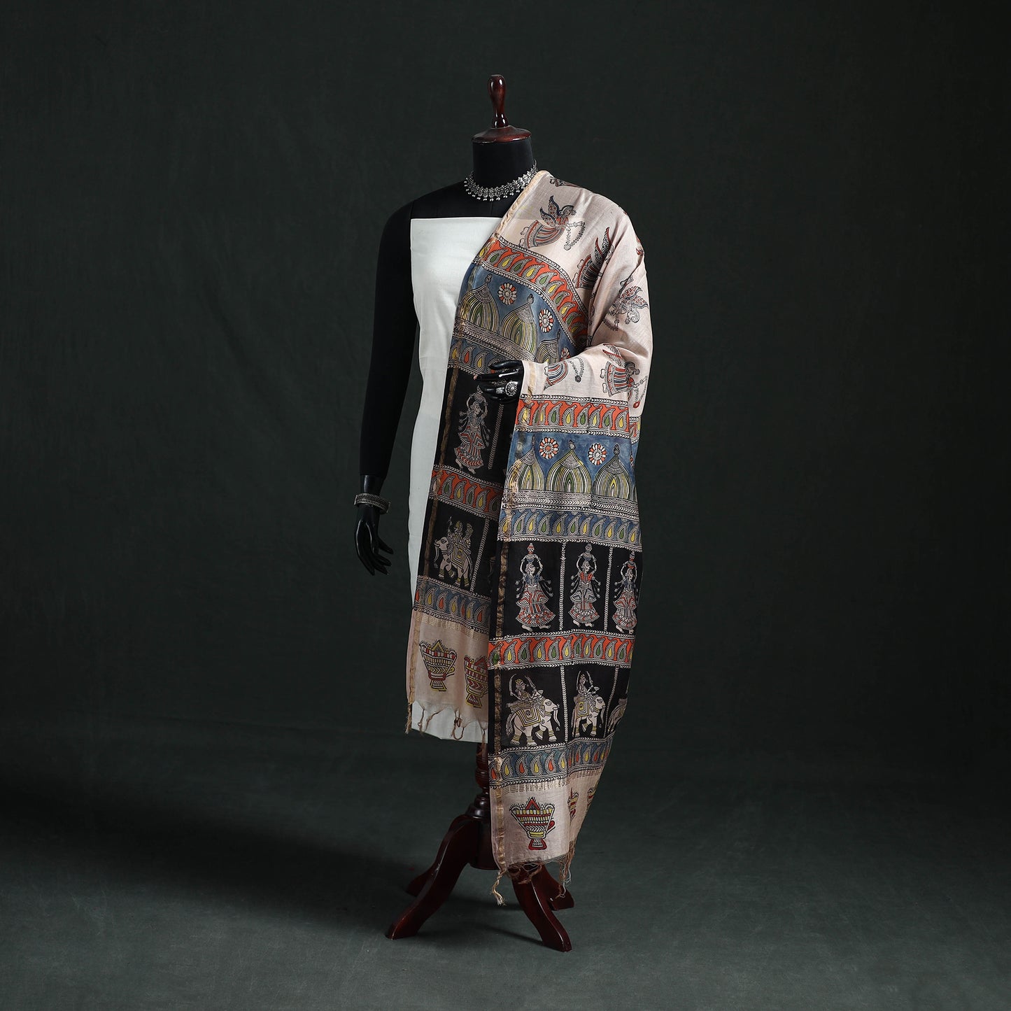 Multicolor - Mata Ni Pachedi Handpainted Natural Dyed Chanderi Silk Handloom Dupatta 20