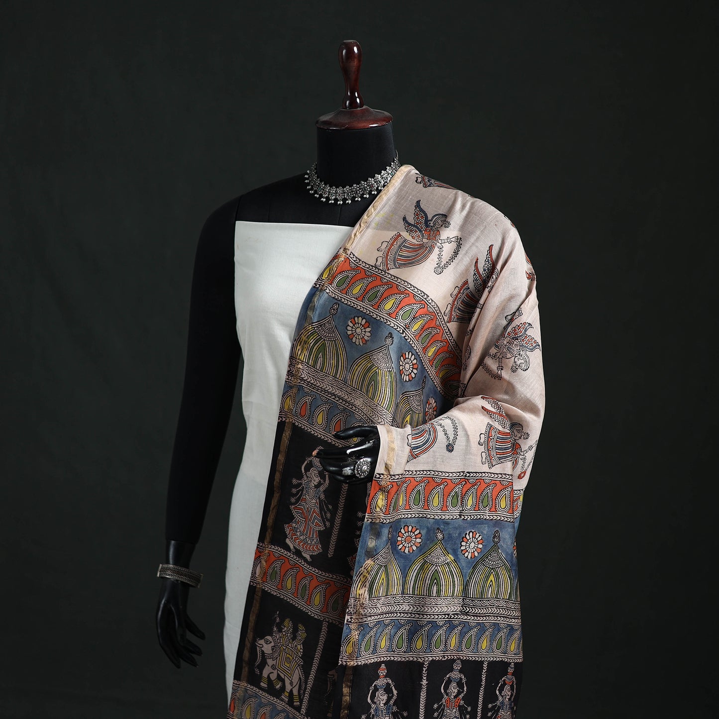Multicolor - Mata Ni Pachedi Handpainted Natural Dyed Chanderi Silk Handloom Dupatta 20