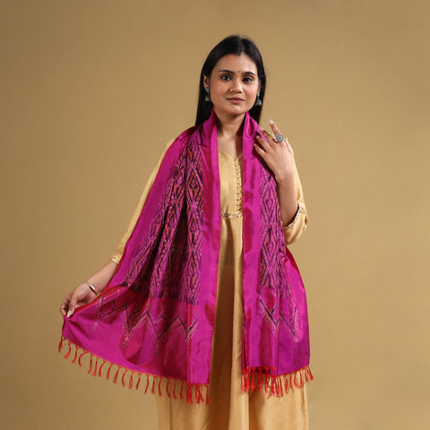 Pink - Handloom Mulberry Silk Pochampally Ikat Stole 15