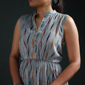 Pochampally Ikat Cotton Sleeveless Tiered Long Dress for Women 07