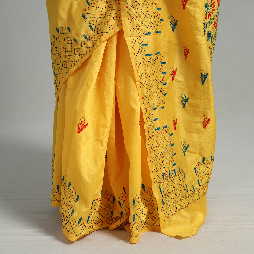 Yellow - Handcrafted Bengal Nakshi Kantha Work Silk Saree 10