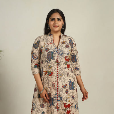 Beige - Printed Cotton A-Line Kalamkari Kurta 05