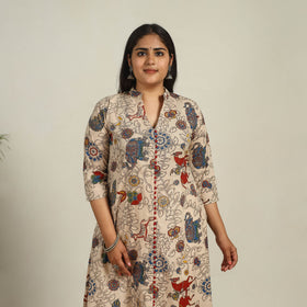 Beige - Printed Cotton A-Line Kalamkari Kurta 05