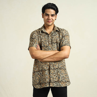 Brown - Kalamkari Block Printed Cotton Men Half Sleeve Shirt 03