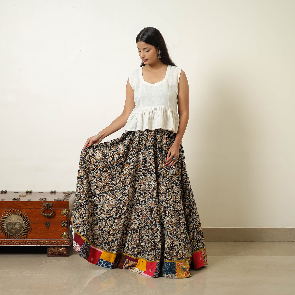 Multicolor - Hand Block Printed Cotton Long Bagru Skirt 02