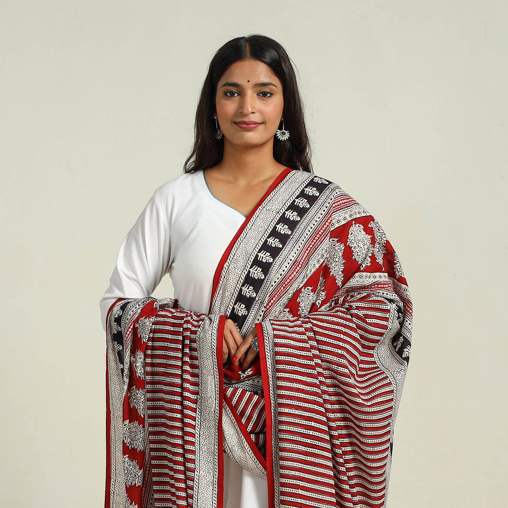 Red - Hand Block Print Cotton Bagh Dupatta 20