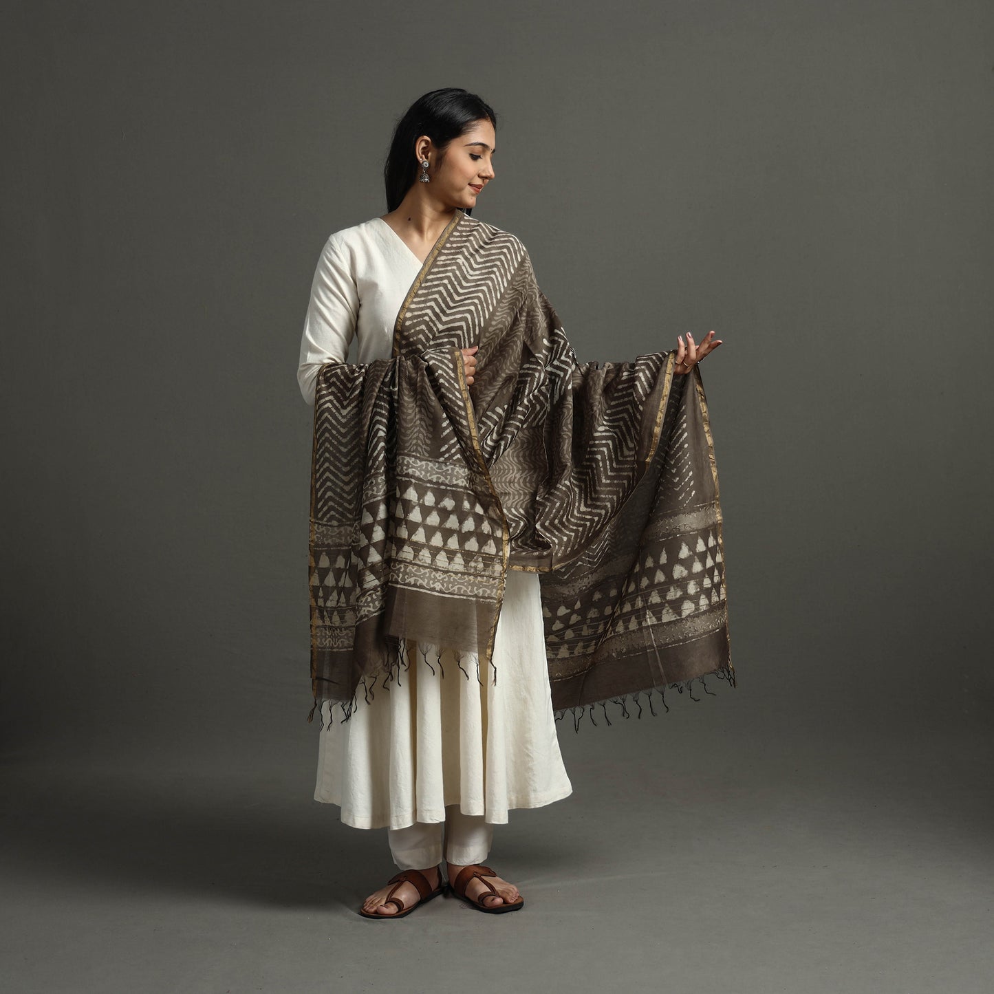 Brown - Block Printed Chanderi Silk Bagru Dupatta 92