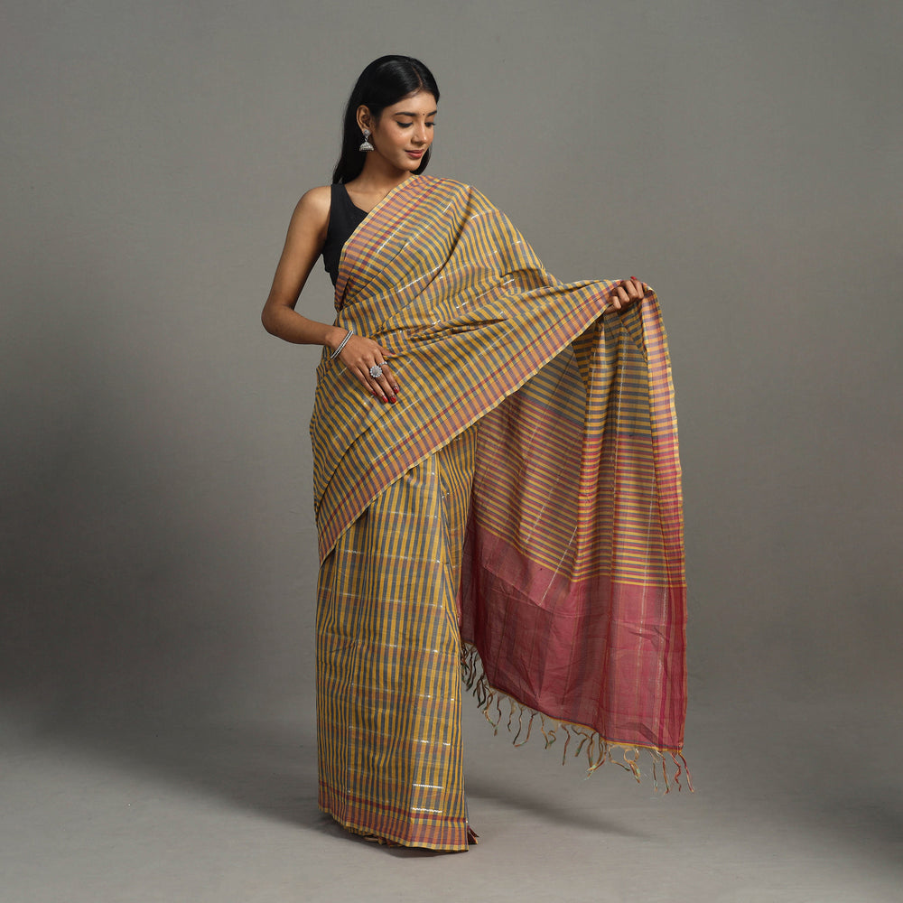 Yellow - Zari Stripes Cotton Handloom Saree 14