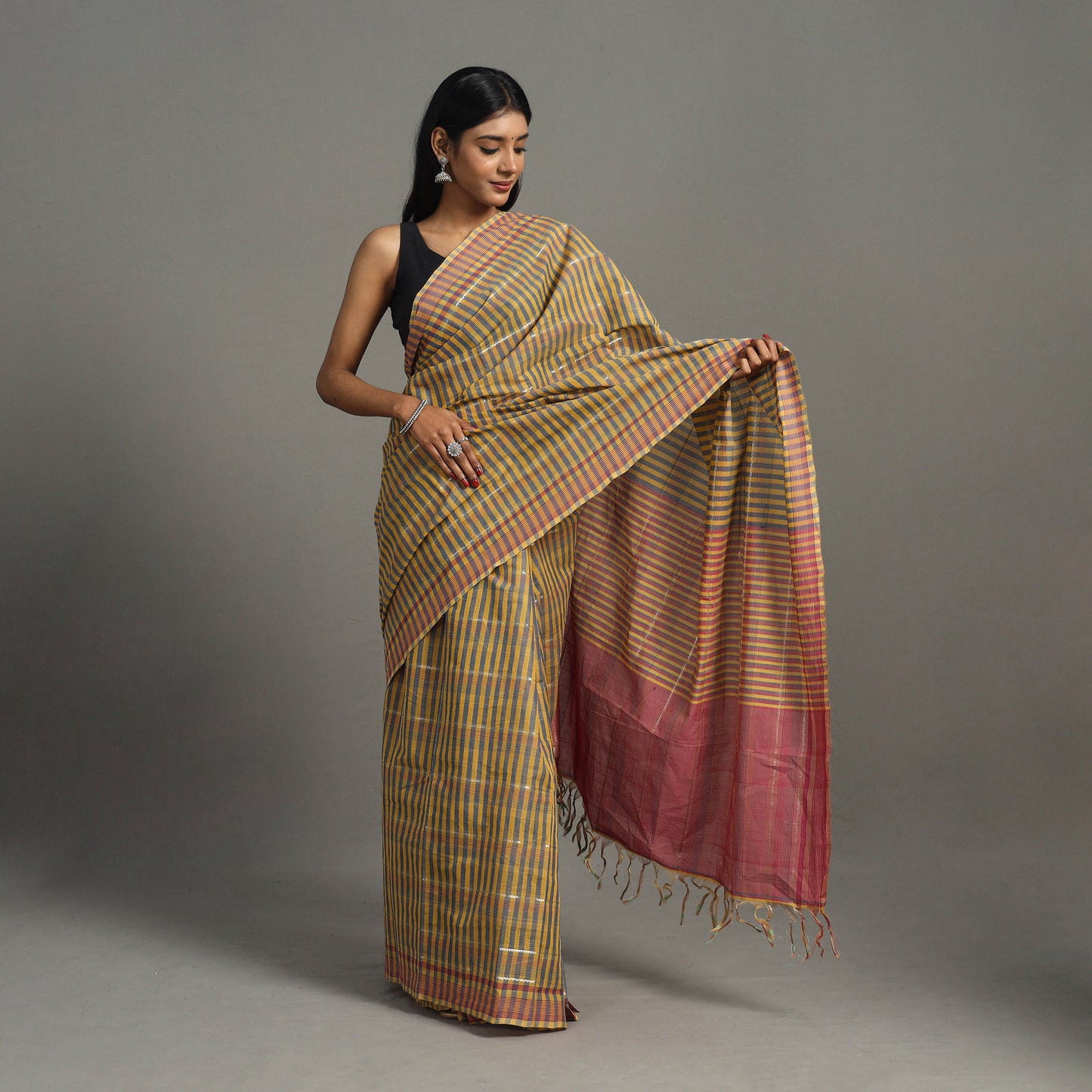 Yellow - Zari Stripes Cotton Handloom Saree 14