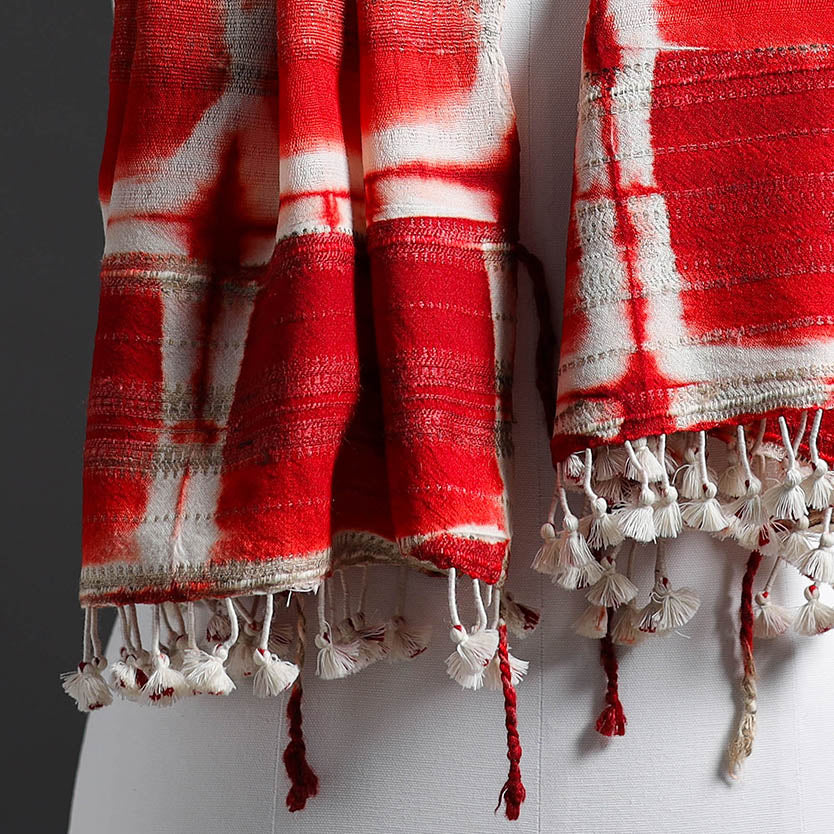 Red - Kutch Handwoven Clamp Dyed Shibori Silk x Woolen Stole 31