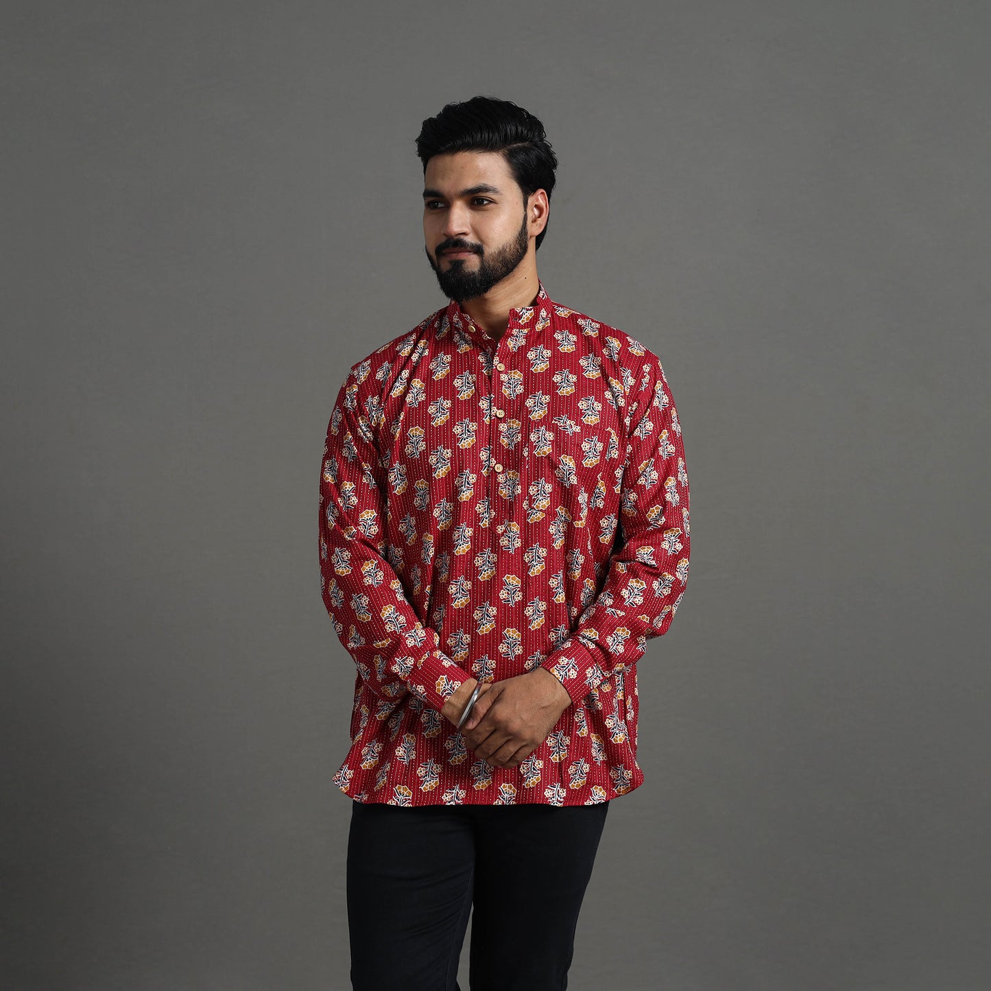 Kantha Stitch Cotton Short Sanganeri Kurta for Men 05