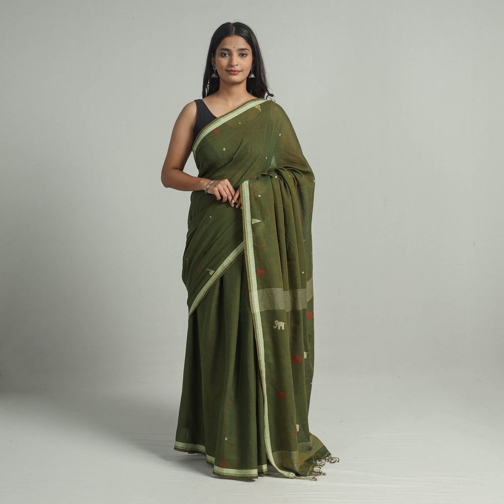 Green - Handloom Cotton Phulia Jamdani Saree with Tassels 20