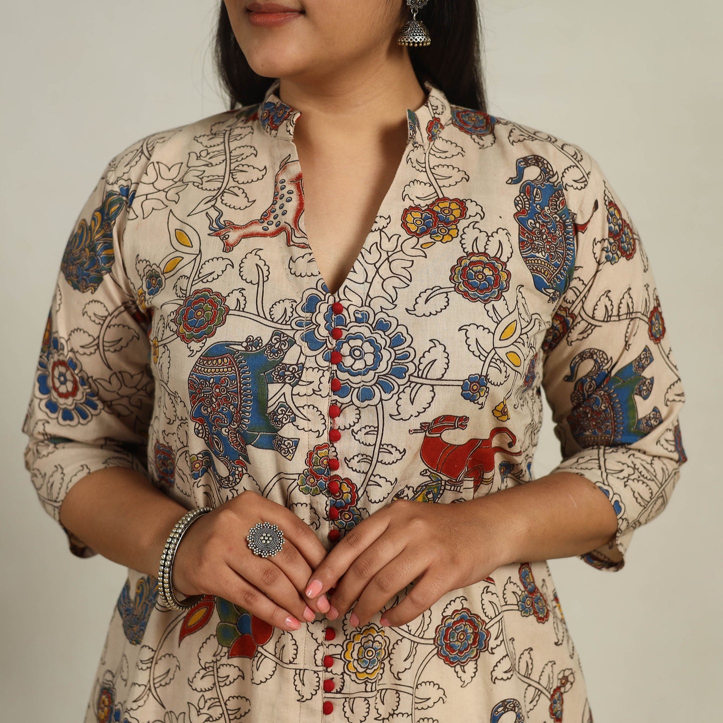 Beige - Printed Cotton A-Line Kalamkari Kurta 05
