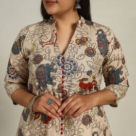Beige - Printed Cotton A-Line Kalamkari Kurta 05