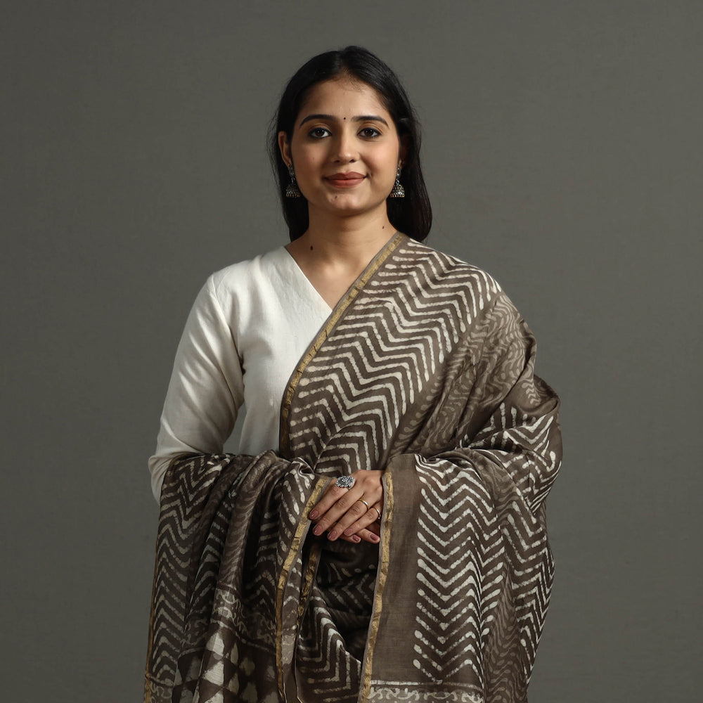 Brown - Block Printed Chanderi Silk Bagru Dupatta 92